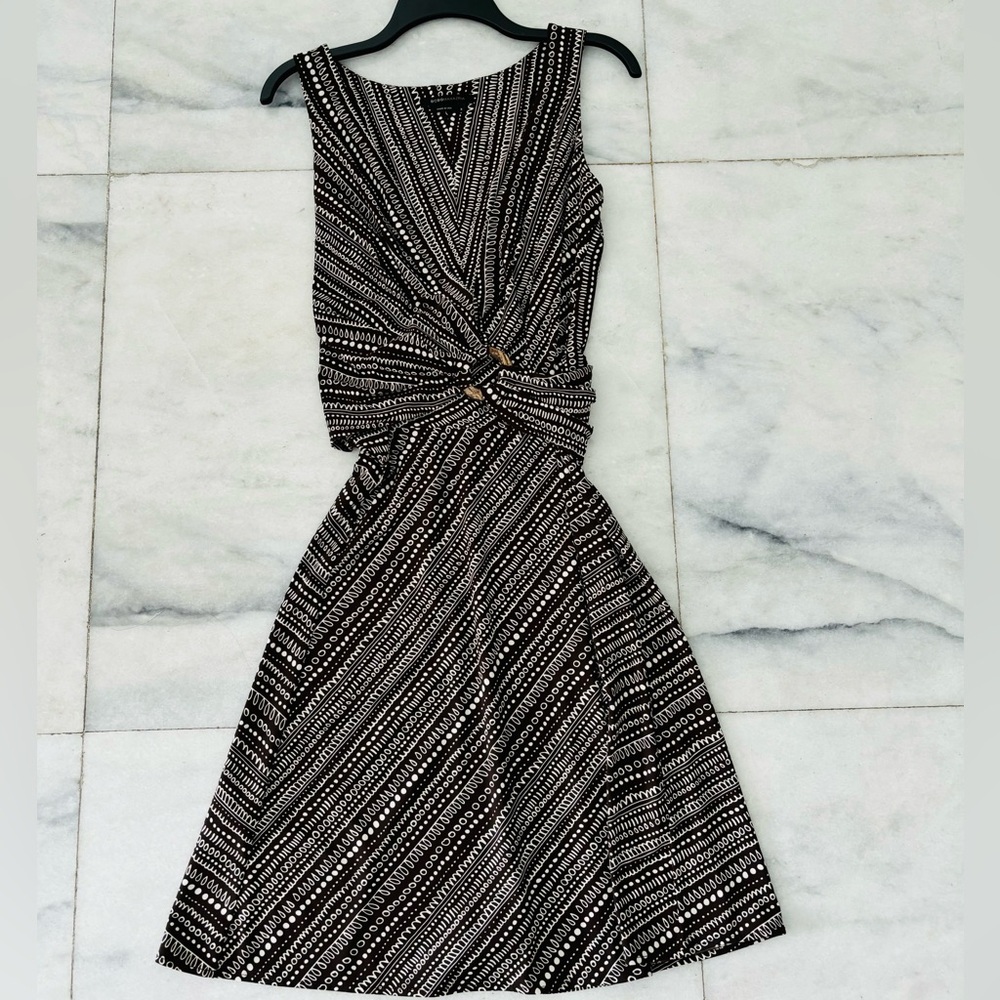 Y2K BCBGMaxazria Dress Brown Beige Surplice Stretch Womens S Boho Coastal USA
